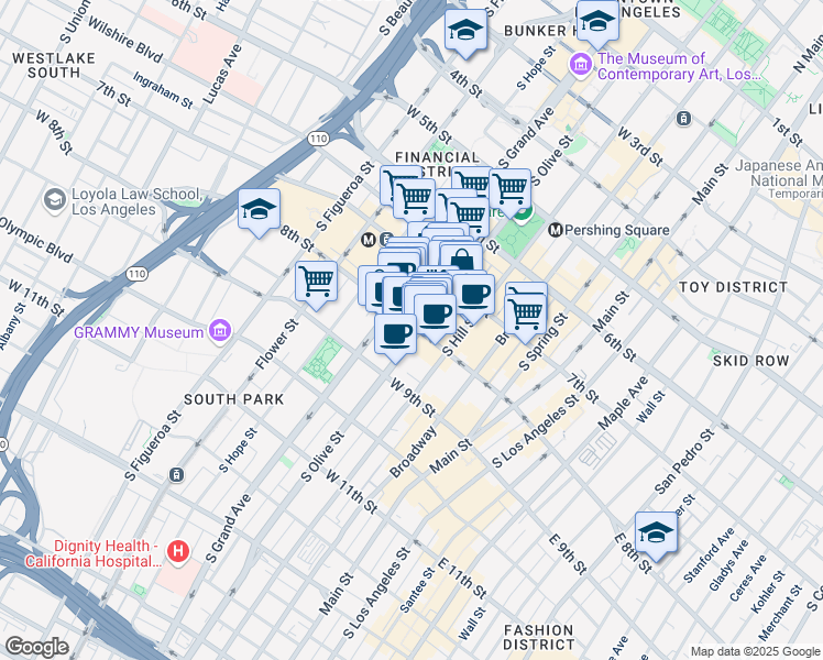 map of restaurants, bars, coffee shops, grocery stores, and more near 770 South Grand Avenue in Los Angeles