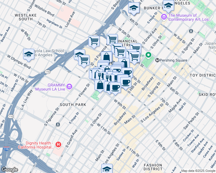 map of restaurants, bars, coffee shops, grocery stores, and more near in Los Angeles