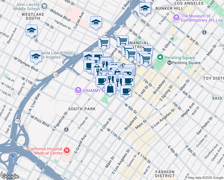 map of restaurants, bars, coffee shops, grocery stores, and more near 888 South Hope Street in Los Angeles