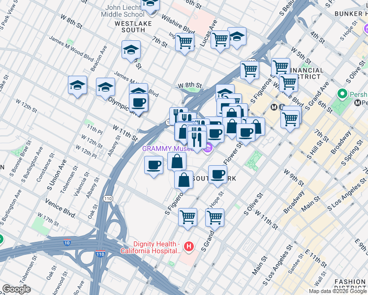 map of restaurants, bars, coffee shops, grocery stores, and more near 903 West Olympic Boulevard in Los Angeles