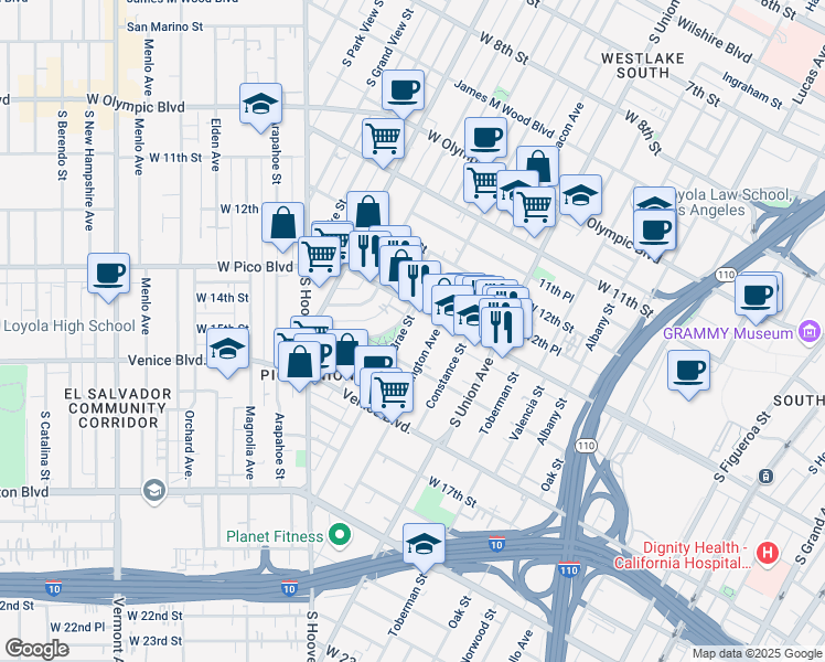 map of restaurants, bars, coffee shops, grocery stores, and more near 1810 West Pico Boulevard in Los Angeles