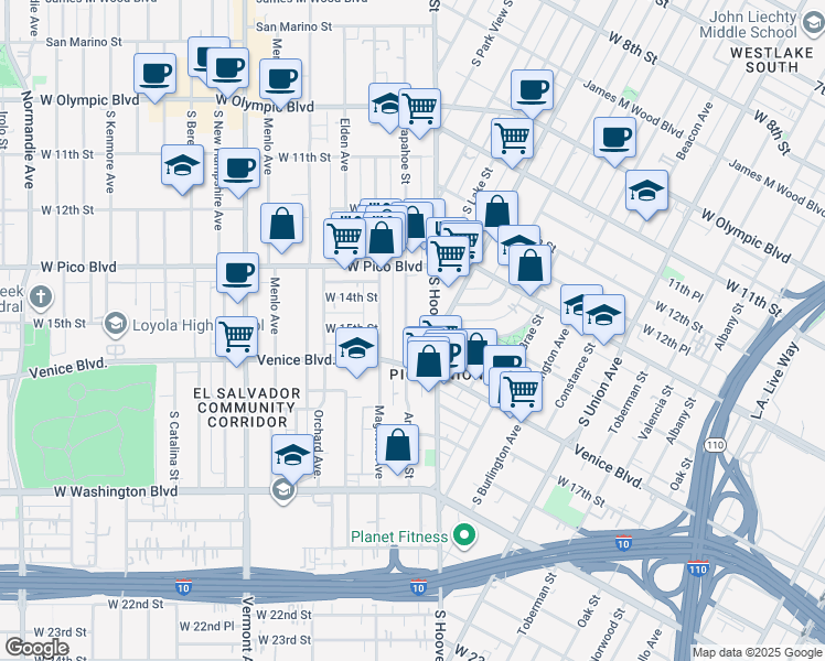 map of restaurants, bars, coffee shops, grocery stores, and more near 1425 Arapahoe Street in Los Angeles