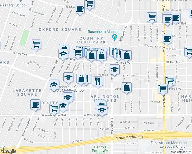 map of restaurants, bars, coffee shops, grocery stores, and more near 1418 1/2 3rd Avenue in Los Angeles