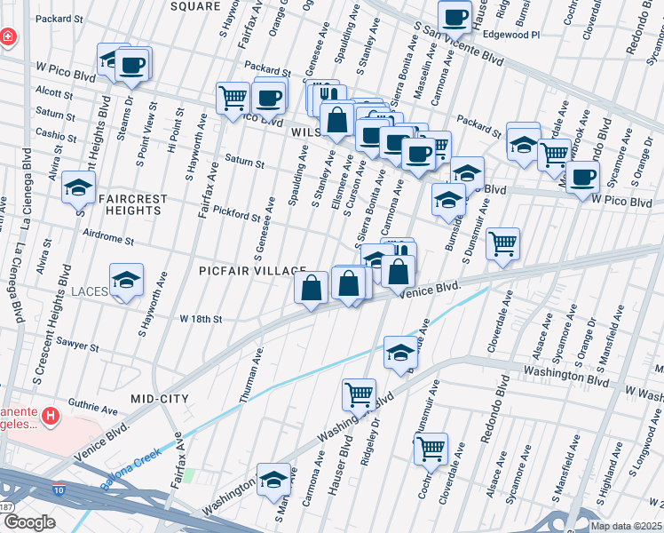 map of restaurants, bars, coffee shops, grocery stores, and more near 1633 Ellsmere Avenue in Los Angeles