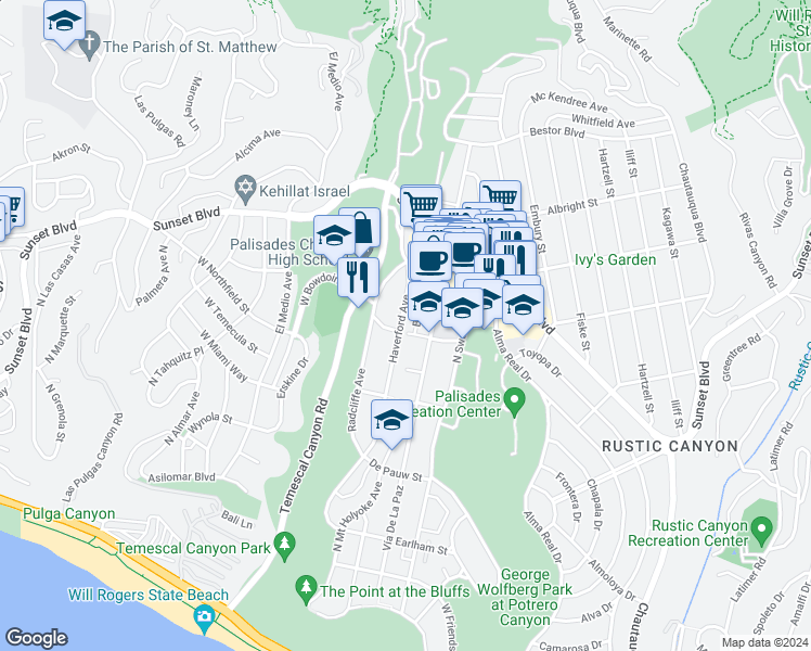 map of restaurants, bars, coffee shops, grocery stores, and more near 824 Haverford Avenue in Los Angeles