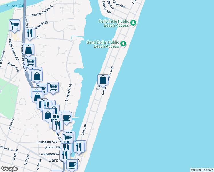 map of restaurants, bars, coffee shops, grocery stores, and more near 913 Carolina Beach Avenue North in Carolina Beach
