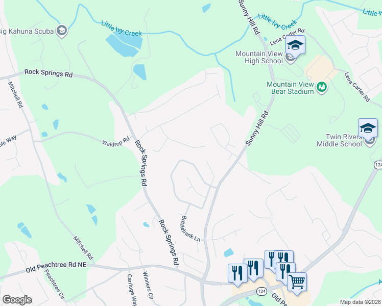 map of restaurants, bars, coffee shops, grocery stores, and more near 2282 Rocksram Court in Buford