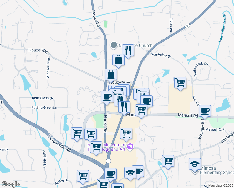 map of restaurants, bars, coffee shops, grocery stores, and more near 515 Fairview Circle in Roswell