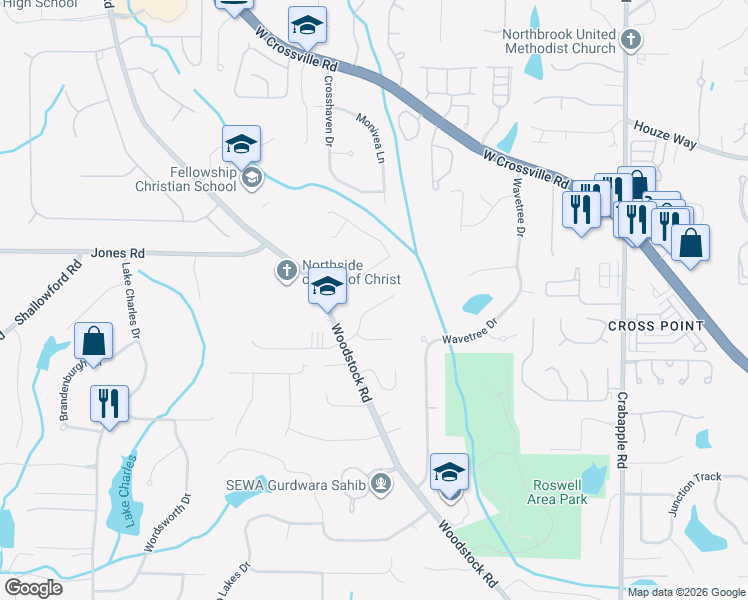 map of restaurants, bars, coffee shops, grocery stores, and more near 155 Amberly Place in Roswell
