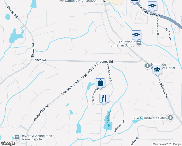 map of restaurants, bars, coffee shops, grocery stores, and more near 10895 Shallowford Road in Roswell