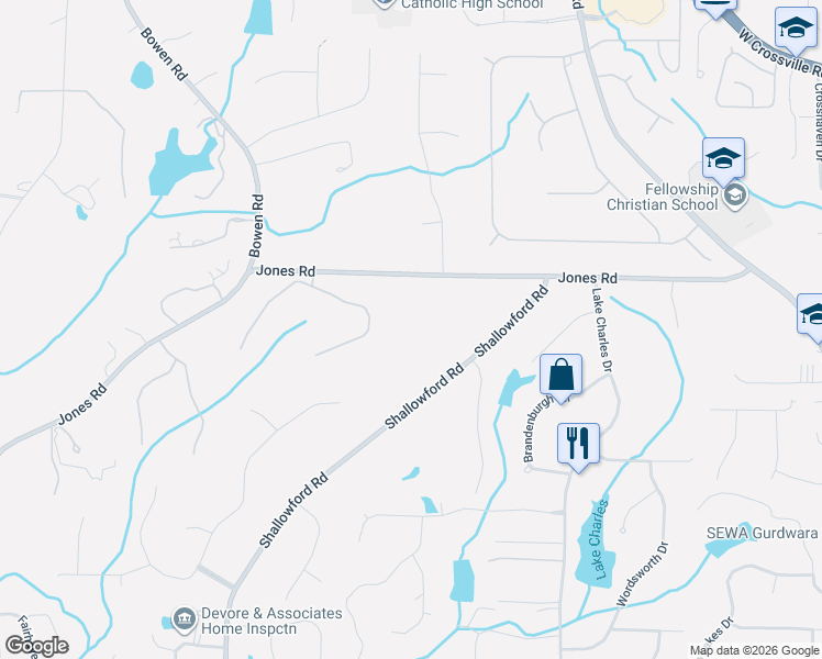 map of restaurants, bars, coffee shops, grocery stores, and more near 5021 Heatherwood Court in Roswell
