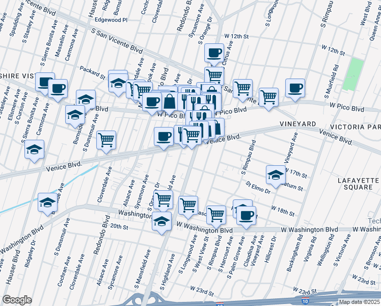 map of restaurants, bars, coffee shops, grocery stores, and more near 1619 South La Brea Avenue in Los Angeles