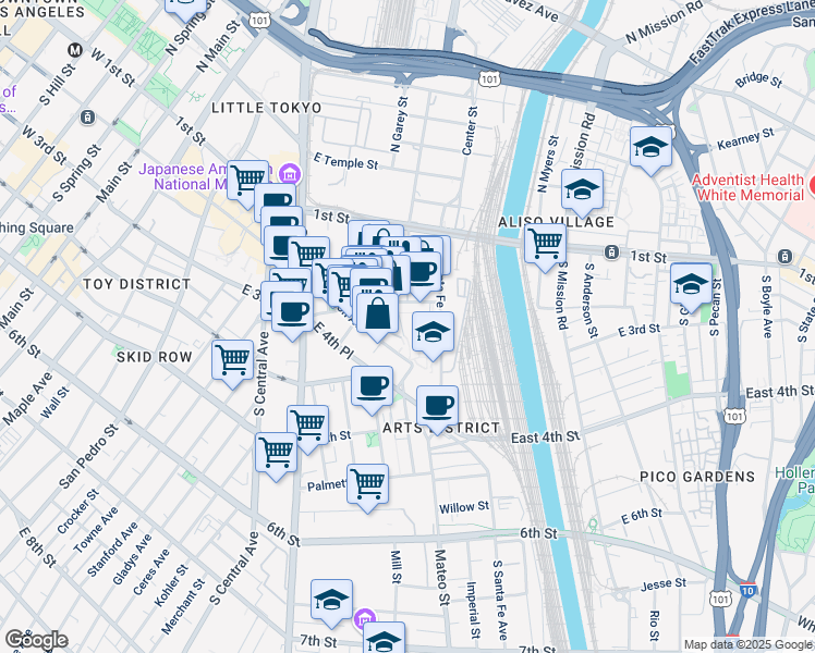 map of restaurants, bars, coffee shops, grocery stores, and more near 912 East 3rd Street in Los Angeles