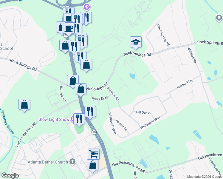 map of restaurants, bars, coffee shops, grocery stores, and more near 2731 Bluffton Road in Buford