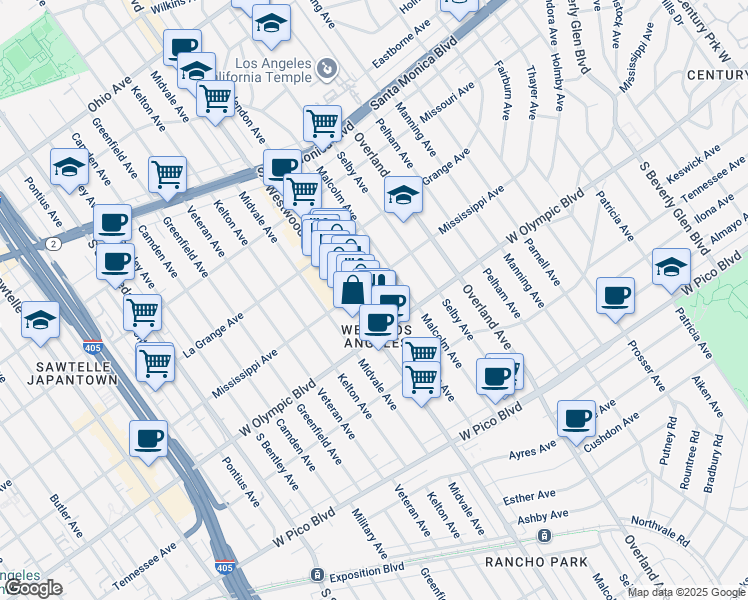 map of restaurants, bars, coffee shops, grocery stores, and more near 2117 Glendon Avenue in Los Angeles