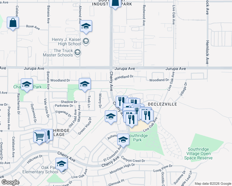map of restaurants, bars, coffee shops, grocery stores, and more near 11440 Ridgewood Drive in Fontana