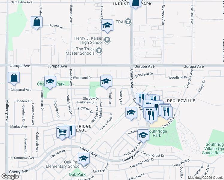 map of restaurants, bars, coffee shops, grocery stores, and more near 14354 Chaparral Avenue in Fontana