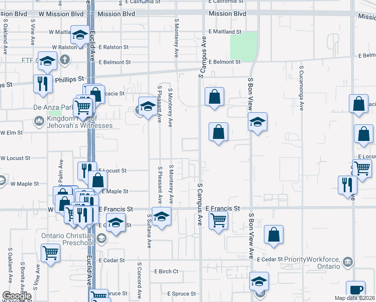 map of restaurants, bars, coffee shops, grocery stores, and more near 645 East De Anza Circle in Ontario