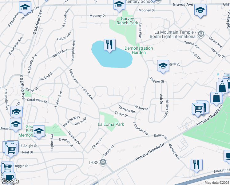 map of restaurants, bars, coffee shops, grocery stores, and more near 1741 Polk Way in Monterey Park
