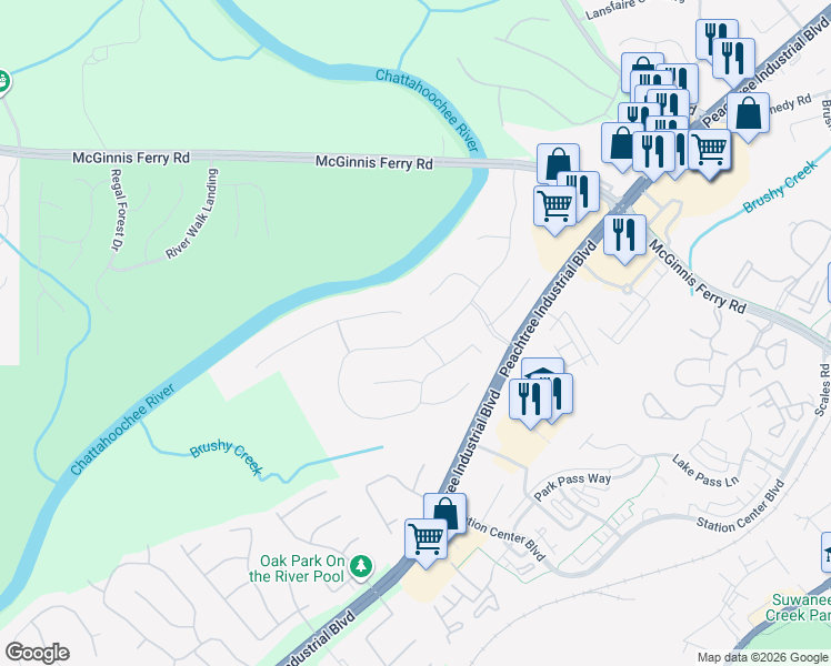 map of restaurants, bars, coffee shops, grocery stores, and more near 1302 Riverview Run Lane in Suwanee