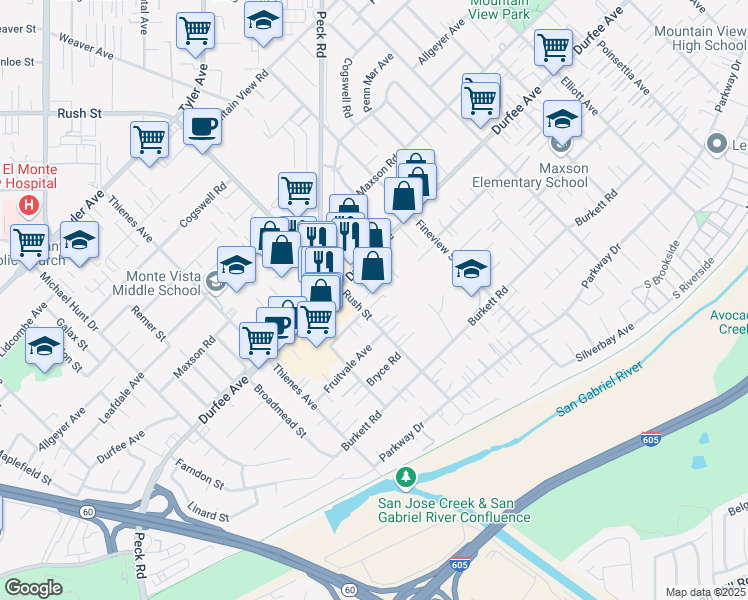 map of restaurants, bars, coffee shops, grocery stores, and more near 12331 Rush Street in South El Monte