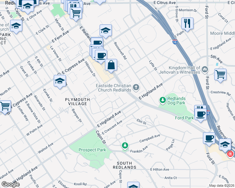 map of restaurants, bars, coffee shops, grocery stores, and more near 412 Phlox Court in Redlands