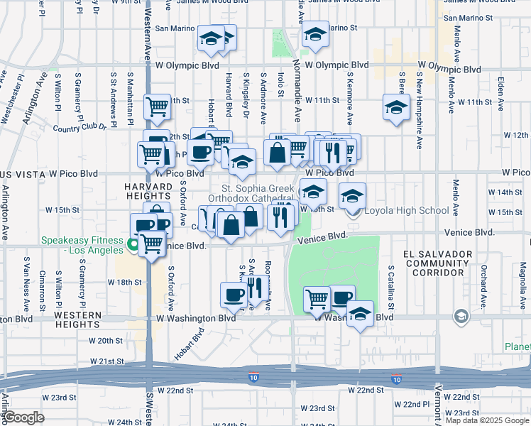 map of restaurants, bars, coffee shops, grocery stores, and more near 2755 West 15th Street in Los Angeles