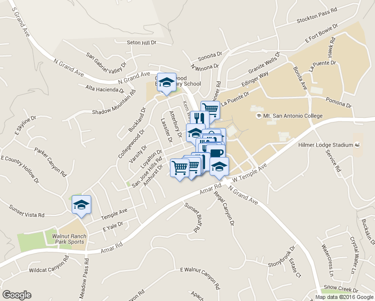 map of restaurants, bars, coffee shops, grocery stores, and more near 20704 San Jose Hills Road in Walnut