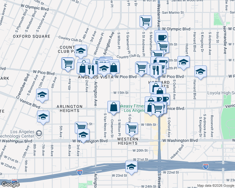 map of restaurants, bars, coffee shops, grocery stores, and more near 3066 West 15th Street in Los Angeles