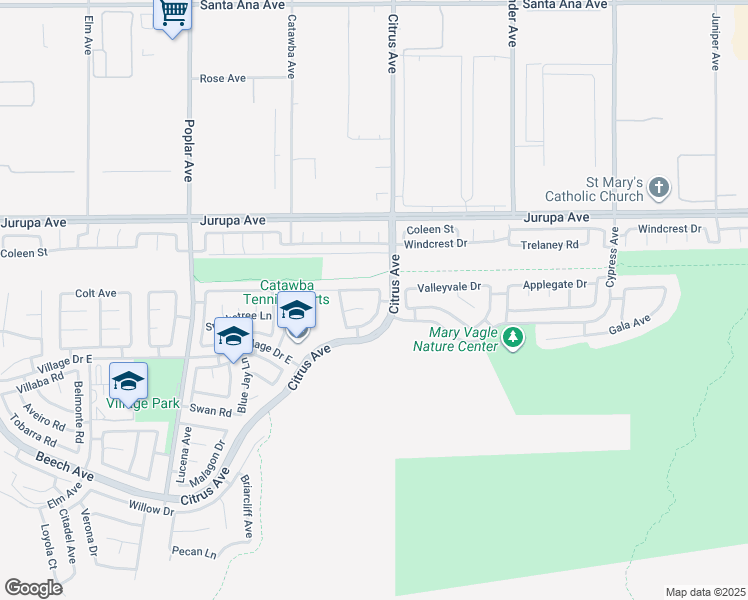 map of restaurants, bars, coffee shops, grocery stores, and more near 11422 Citrus Glen Lane in Fontana