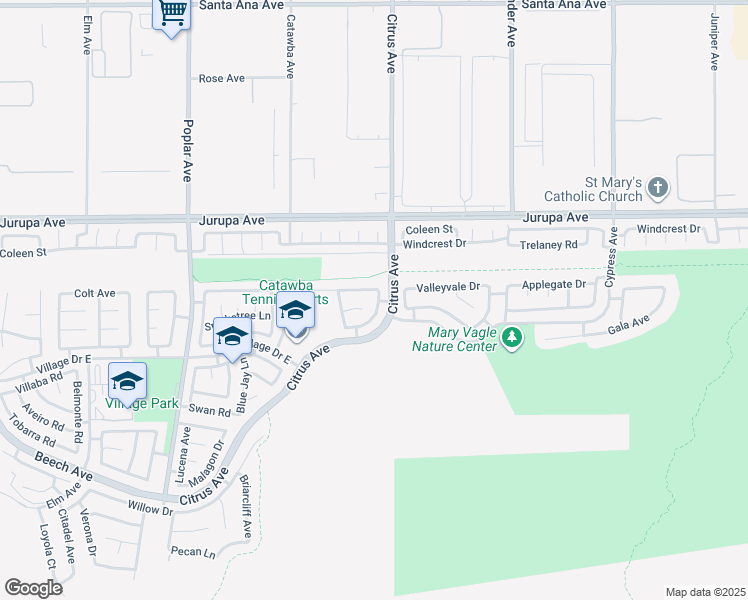 map of restaurants, bars, coffee shops, grocery stores, and more near 11422 Citrus Glen Lane in Fontana