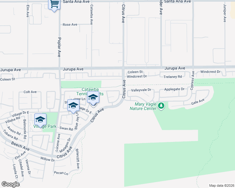 map of restaurants, bars, coffee shops, grocery stores, and more near 11412 Citrus Glen Lane in Fontana
