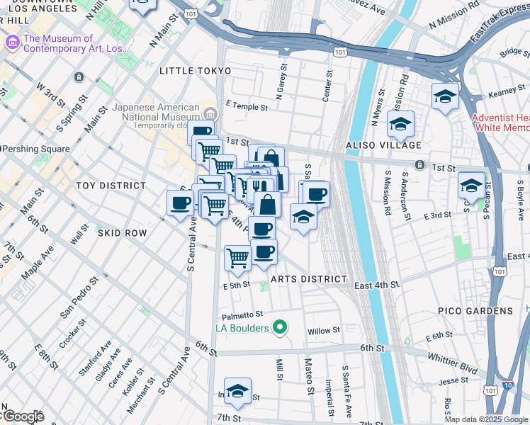 map of restaurants, bars, coffee shops, grocery stores, and more near 800 East 3rd Street in Los Angeles