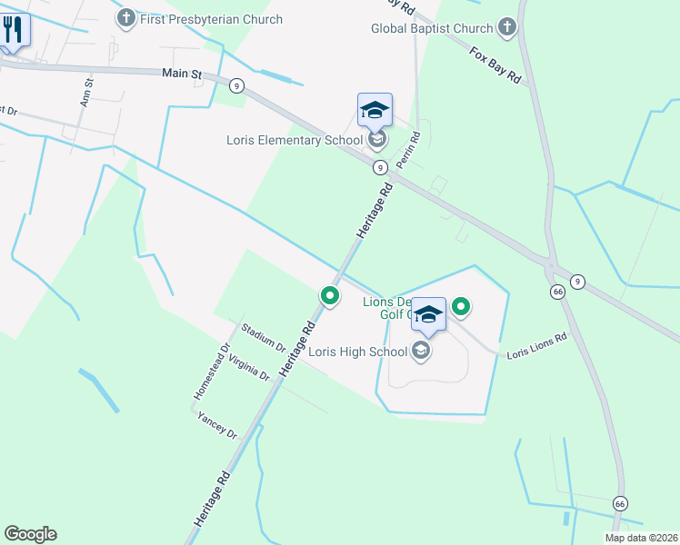 map of restaurants, bars, coffee shops, grocery stores, and more near 301 Heritage Road in Loris