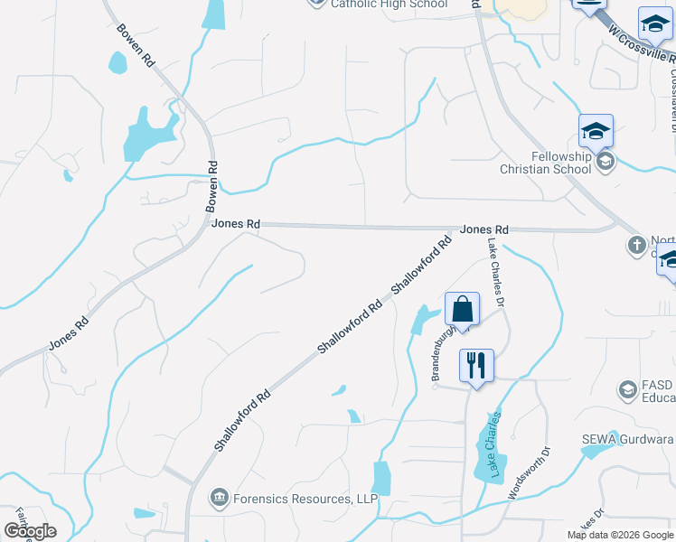 map of restaurants, bars, coffee shops, grocery stores, and more near 5021 Heatherwood Court in Roswell