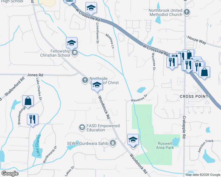 map of restaurants, bars, coffee shops, grocery stores, and more near 155 Amberly Place in Roswell