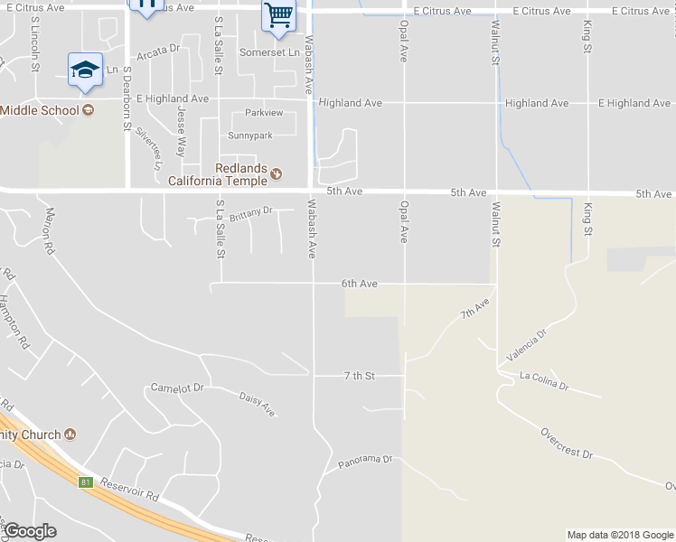 map of restaurants, bars, coffee shops, grocery stores, and more near 525 Wabash Avenue in Redlands