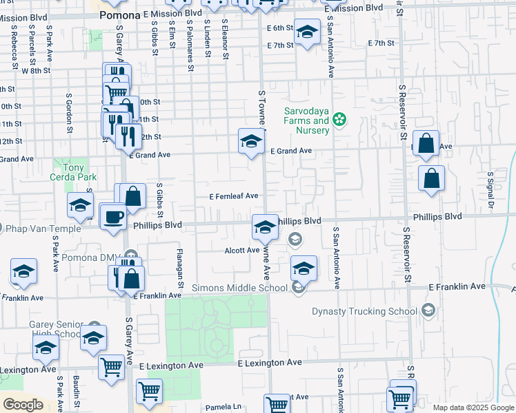 map of restaurants, bars, coffee shops, grocery stores, and more near 1455 South Towne Avenue in Pomona