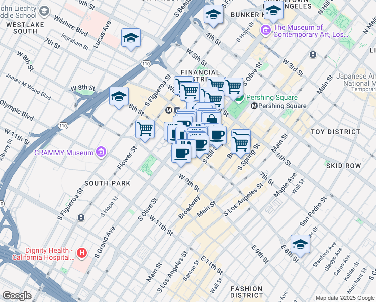 map of restaurants, bars, coffee shops, grocery stores, and more near in Los Angeles