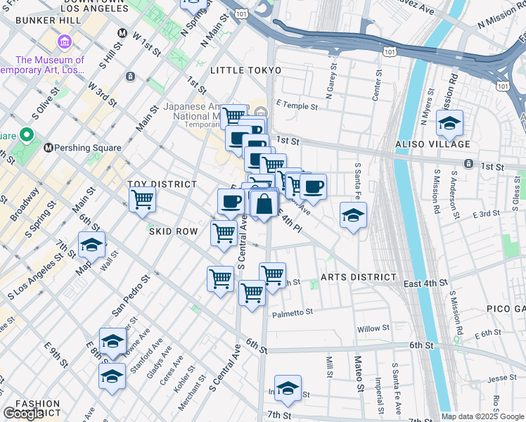 map of restaurants, bars, coffee shops, grocery stores, and more near 333 Alameda Street in Los Angeles