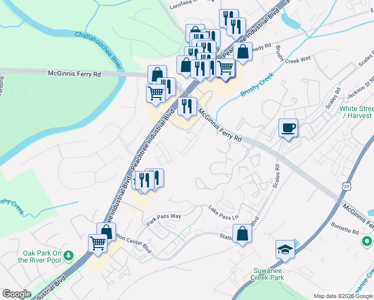 map of restaurants, bars, coffee shops, grocery stores, and more near 4016 McGinnis Ferry Road in Suwanee