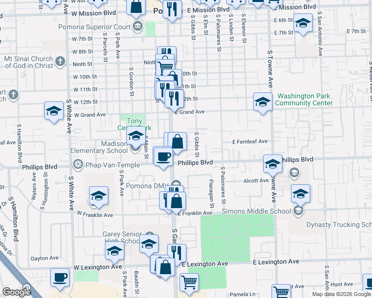 map of restaurants, bars, coffee shops, grocery stores, and more near 1445 South Gibbs Street in Pomona