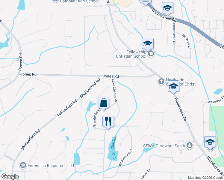 map of restaurants, bars, coffee shops, grocery stores, and more near 200 Wind Shadow Court in Roswell