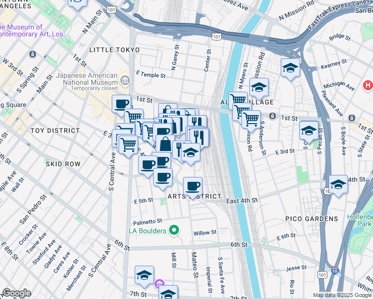 map of restaurants, bars, coffee shops, grocery stores, and more near 950 East 3rd Street in Los Angeles