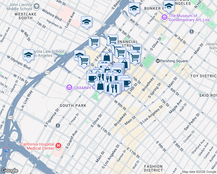 map of restaurants, bars, coffee shops, grocery stores, and more near 801 South Grand Avenue in Los Angeles