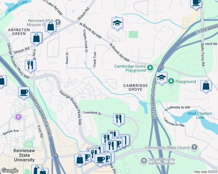 map of restaurants, bars, coffee shops, grocery stores, and more near 1000 Towne Cross in Kennesaw