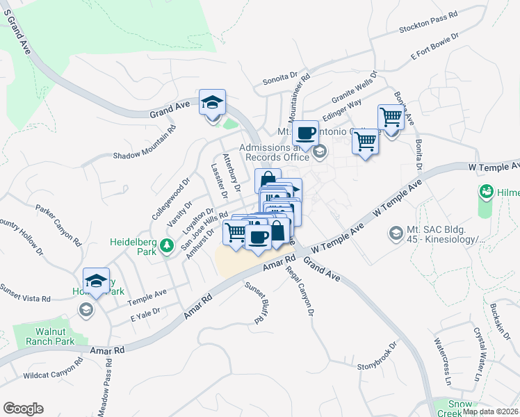 map of restaurants, bars, coffee shops, grocery stores, and more near 20704 San Jose Hills Road in Walnut