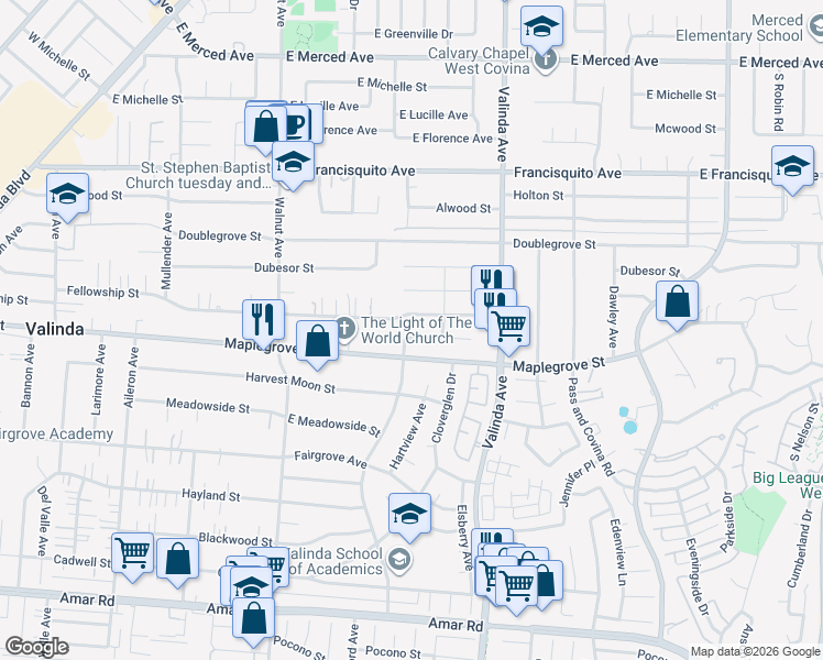 map of restaurants, bars, coffee shops, grocery stores, and more near 16246 Fellowship Street in La Puente