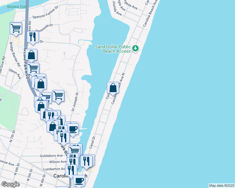 map of restaurants, bars, coffee shops, grocery stores, and more near 913 Carolina Beach Avenue North in Carolina Beach