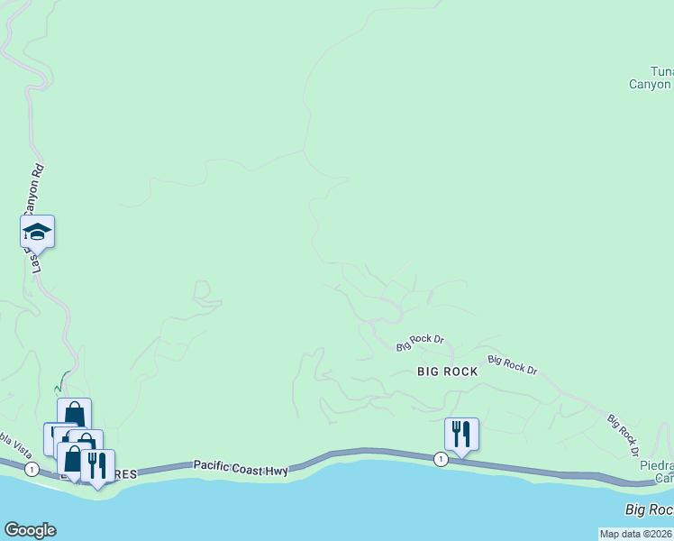 map of restaurants, bars, coffee shops, grocery stores, and more near 20940 Big Rock Drive in Malibu